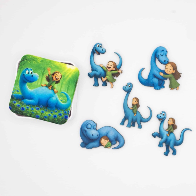 Wooden magnet set with a blue dinosaur illustration