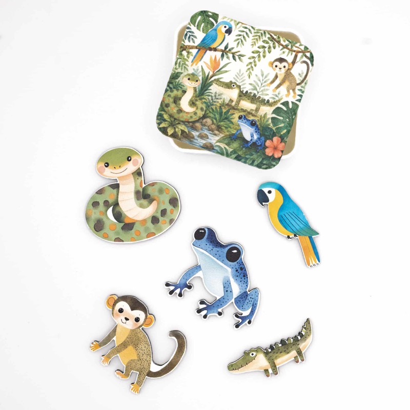 Handmade wooden magnet set with rainforest animals